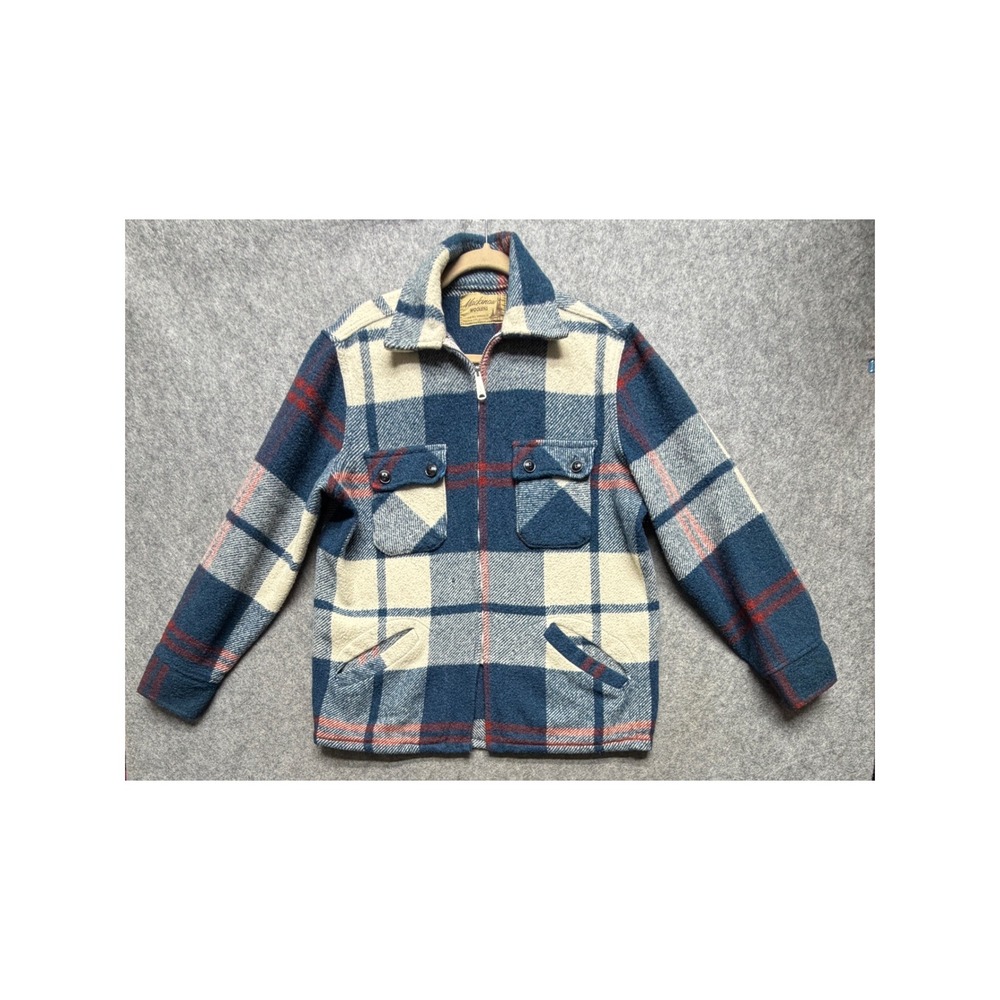 Mackinaw Woolens Vintage Plaid Wool Zip Up Jacket Blue Cream Serval Zipper Mens